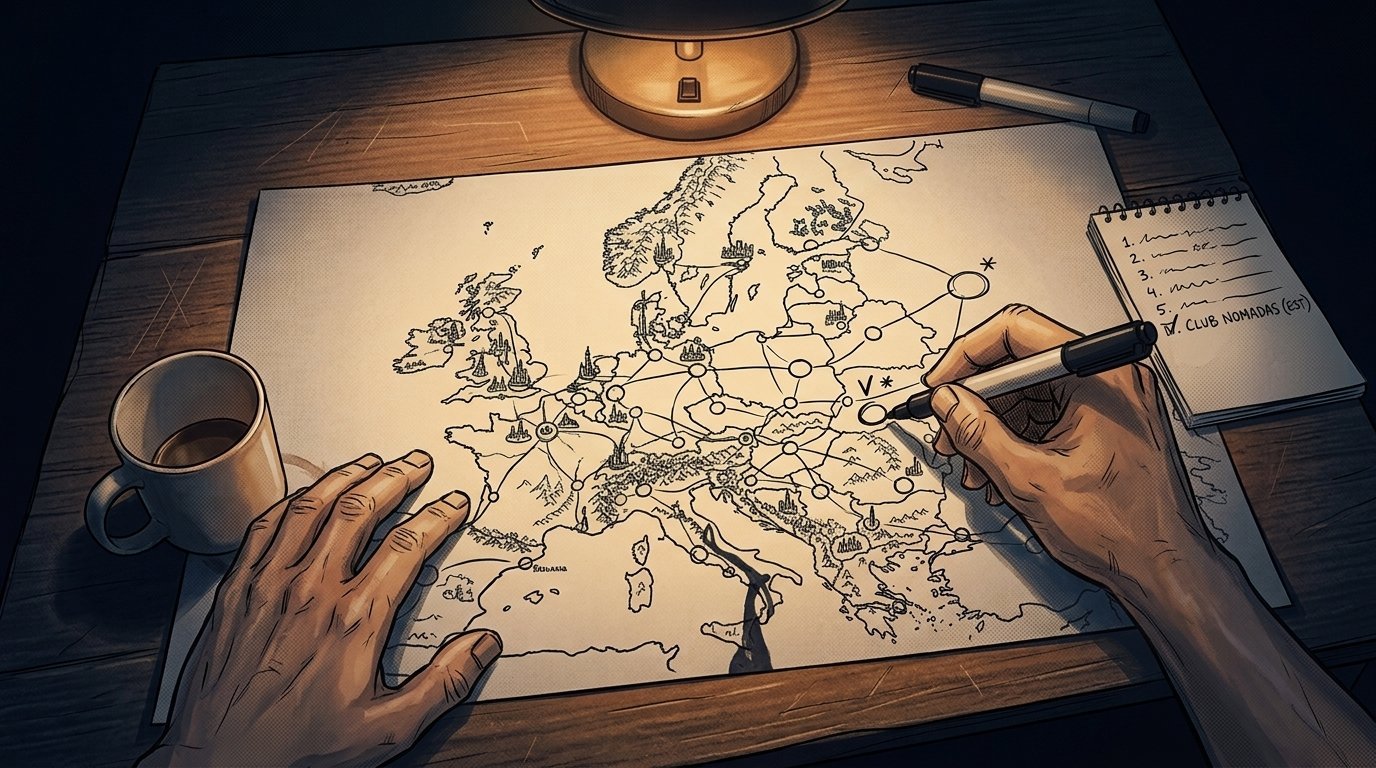 A hand-drawn map of Europe on a desk, hands marking cities and a numbered list of five clubs, coffee mug and desk lamp beside it.