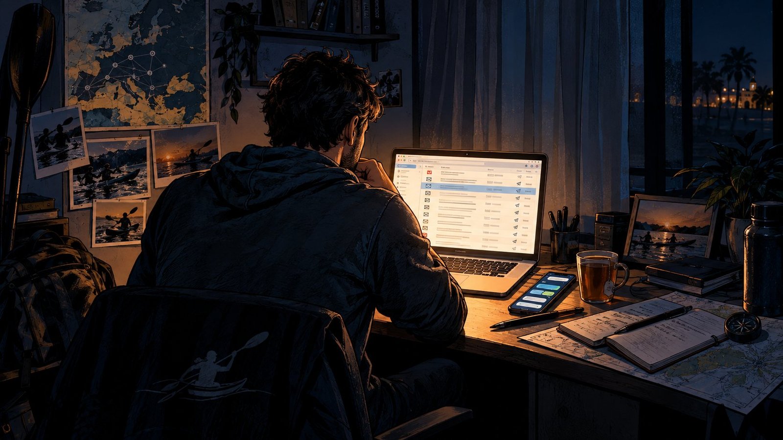A man seen from behind at a home desk at night, laptop showing an email outbox, phone with messages, kayaking photos pinned to the wall.