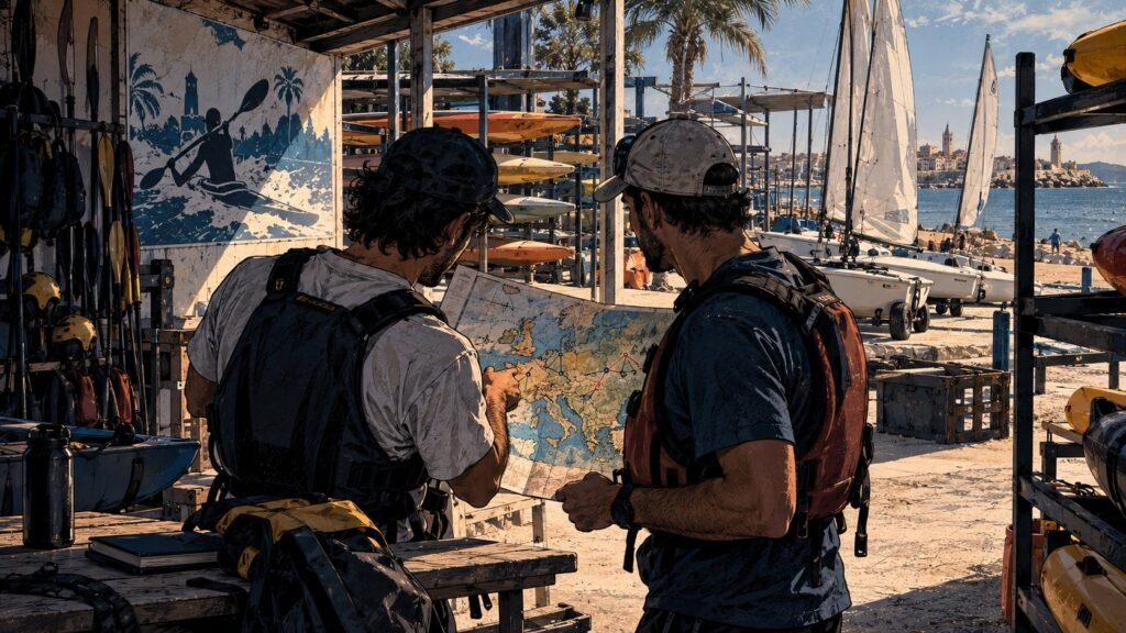 Two men in kayak instructor gear at a marina looking at a folded map of Europe, sailing dinghies and kayaks racked behind them.