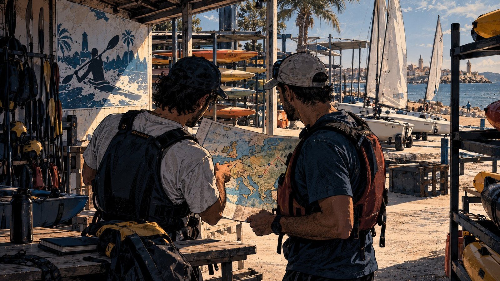 Two men in kayak instructor gear at a marina looking at a folded map of Europe, sailing dinghies and kayaks racked behind them.