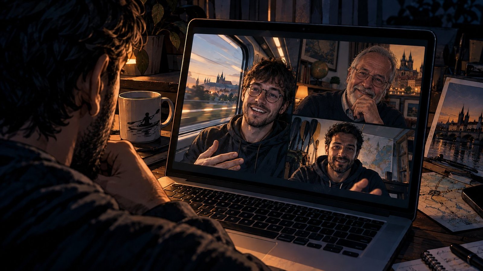 Illustration of a laptop video call with three people, one visibly on a moving train, discussing the EuroKayak Experience project.