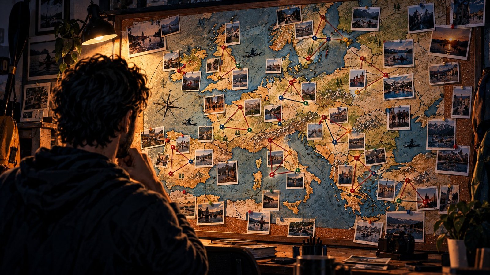 A large corkboard map of Europe covered in pins and small photographs, connected by string into clusters of three, illustrating the finished network of clubs.