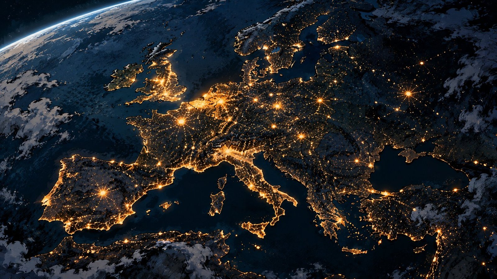 An illustrated aerial night view of Europe from space, dozens of small warm lights scattered across many countries, representing the club network.