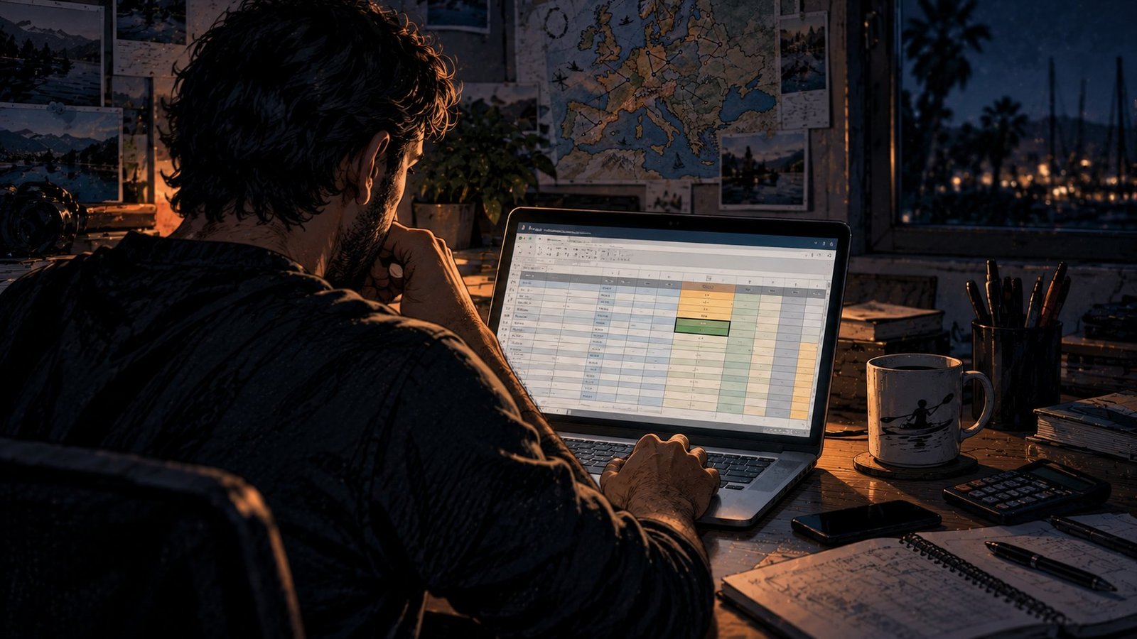 Illustration of a man alone at night reviewing a spreadsheet on his laptop, a quiet moment rather than a celebration.