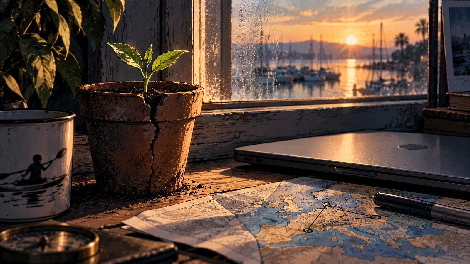 A small green sprout growing from a cracked terracotta pot beside a closed laptop and a folded map of Europe, morning light through a window.