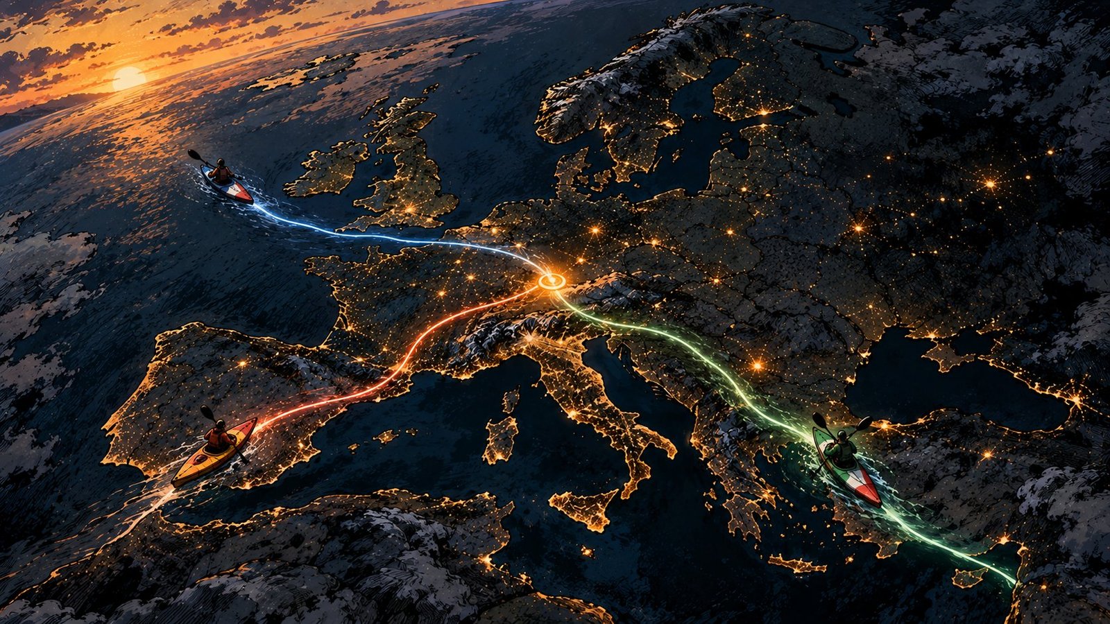 Three kayaks in different colors converging across a map of Europe at dusk, glowing travel lines meeting at a shared point, illustrating three clubs joining one exchange group.